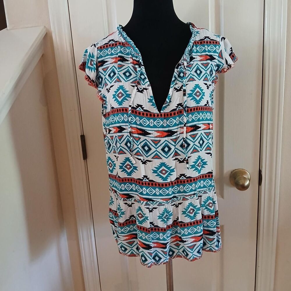 Wrangler Retro Aztec Tribal V-Neck Short Sleeve Top L Tribal Southwestern Boho